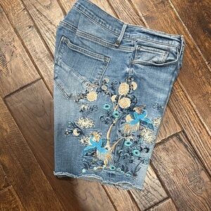 DRIFTWOOD Blue Embroidered birds of paradise Bermuda Jean Shorts